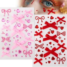 SmallCat 2 Sheets Bow Face Gems Stickers, Heart Rhinestones Hair Jewerl, Self Adhesive Crystal Acrylic Gems Sticker for Wedding Dating Party Face Hair Body Decoration- Pink & Red
