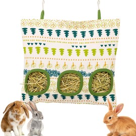 Rabbit Hay Feeder, Guinea Pig Hay Feeder, Three Opening Design, Hanging Hay Bag for Small Pets, White Forest Pattern, Encourages Natural Foraging Behavior, Easy to Clean and Refill