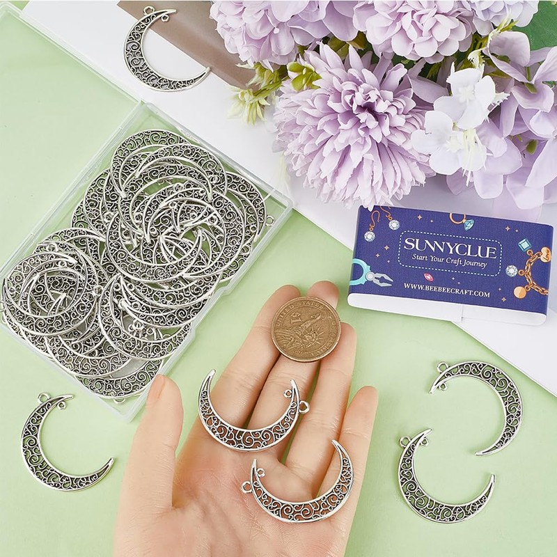 SUNNYCLUE 1 Box 50Pcs Moon Connector Charms Silver Crescent Moon