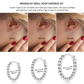 Silver Hoops Earrings for Women| 3 Pairs Small Sterling Silver Post Beaded Huggie Earrings| Hypoallergenic Tiny Cartilage Sleeper Cuff Jewelry for Men Ladies Girls, 8mm 10mm 12mm