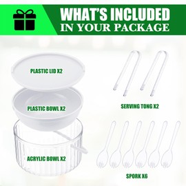 Hushee 2 Pack Chilled Dip Bowl 30oz Ice Serving Bowl with Lid Chilled Dip Dish for Parties Cold Serving Dish with 2 Tongs 6 Spoons for Hummus, Pasta, Potato, Dressing, Fruit, Salsa (White)