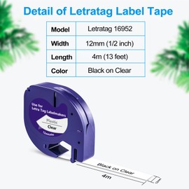 BOYEEZON LT-100H Clear Plastic Label Printer Tape Compatible for DYMO Letratag Refills Transparent Cassette 12267 12mm 0.47 inch (12mmx4m), 6-Pack