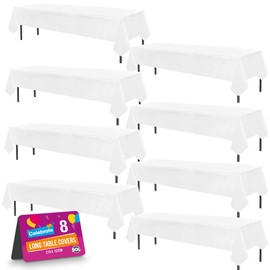 8pk Long White Table Cloth Party | 274 x 137cm | Plastic Table Cover Party Table Cloth Disposable Tablecloths for Parties | Plastic Tablecloth | White Disposable Tablecloth | White Plastic Table Cloth