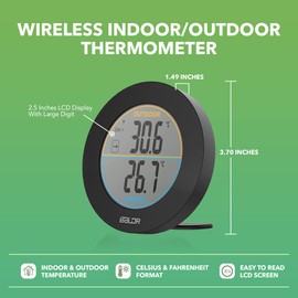 BALDR Wireless Indoor Outdoor Thermometer - 2.5” LCD Display Digital Thermometer for Home - Surface or Wall Thermometers Indoor & Outdoor Weather Station, Wireless Remote Transmitter Included (Black)