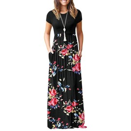MISFAY Women Short Sleeve Loose Plain Maxi Dresses Casual Long Dresses Pockets(Rose Black,M)