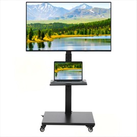 Rolling TV Stand with Power Outlet, Tilt & Swivel Mobile TV Stand On Wheels for 32-75 Inch Flat and Curved Panels Screens Up to 120 Lbs, Height Adjustable Mobile TV Cart with Shelf, Max VESA 600x400mm