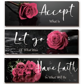 3 Pcs Pink Rose Bathroom Wall Decor Inspirational Wooden Wall Art Flower with Accept Let Go Have Faith Positive Quotes for Girl Women Bathroom Bedroom Living Room Office (Pink Rose 12 X 4 Inch)