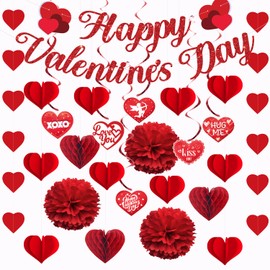 Valentines Day Decorations, Happy Valentines Day Banner Heart Honeycomb Pompoms Flowers Paper String Garlands Hanging Swirls for Valentines Day Party Supplies