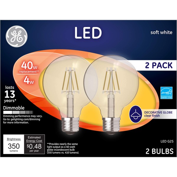 GE Lighting LED Globe Light Bulbs, G25 Bulb, 4 Watt (40 Watt Equivalent) Soft White, Clear Finish, Medium Base, Dimmable (2 Pack)
