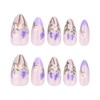 Flower Press on Nails Short Almond Purple French Tip Fake