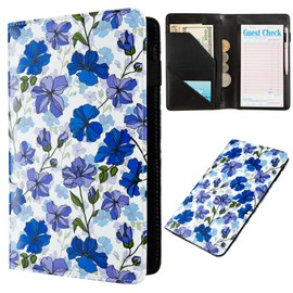 ANNAMISSI Server Books for Waitress,Cute Pocket Leather Money Organizer Wallet Note Pad Cash Bill Restaurant Guest Check Book Holder Pocket Presenter Fit Server Apron Waitress Book (Blue flower)