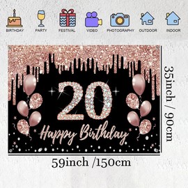 20th Birthday Decorations for Girls, Party Decoration Black and Rose Gold, 20th Birthday Fabric Sign Hanging Poster, 20th Birthday Backdrop Banner Party Welcome Sign