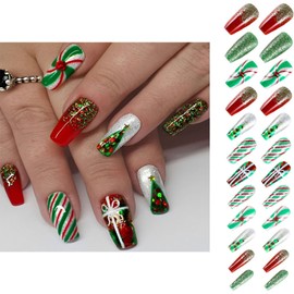 Glitter Christmas False Nail, Red Long Square Fake Nails, 24PCS Set Green Cute Forest Snowflakes, Full Cover Press on Nails Gift for Women, French Tip Design Manicure with Glue Stickers