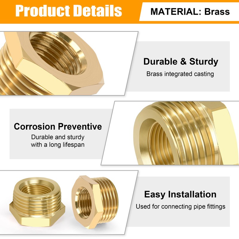 Brass Reducer, 3/8 Inch Male Thread x 1/8 Inch Female