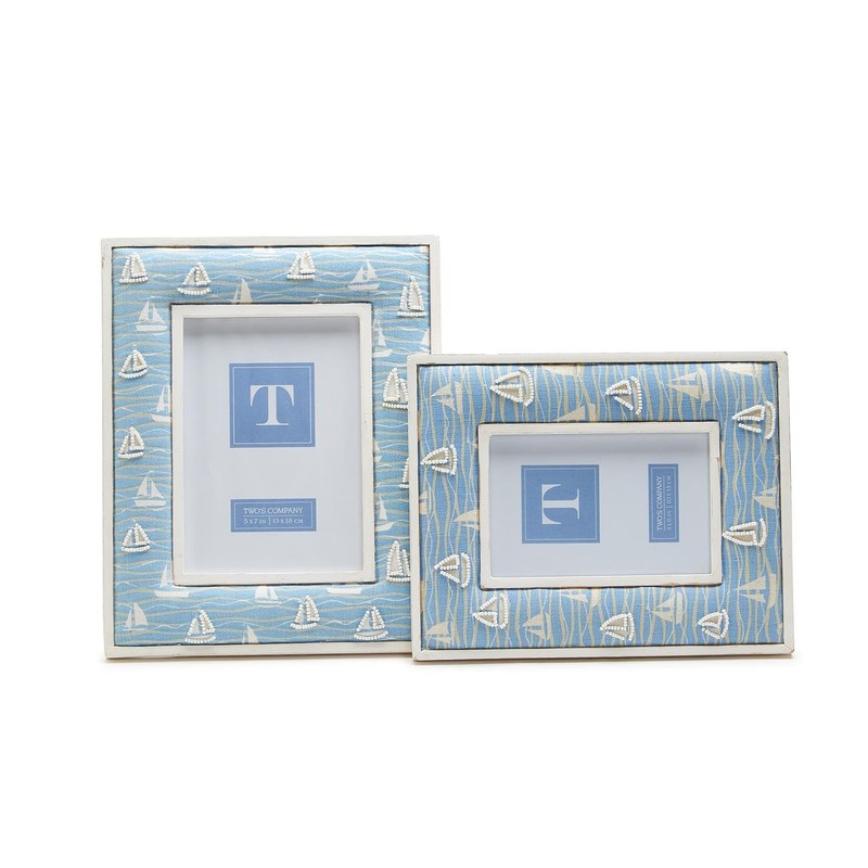 Two's Company Sailboat Hand-Beaded White Washed Photo Frame, Mango Wood,