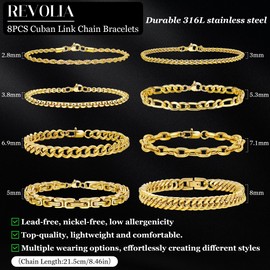 8Pcs Stainless Steel Chain Bracelets for Men Women Cuban Link Bracelets Paperclip Figaro Rope Chain Bracelets Set Gold 9 Inch