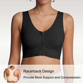 Lemef Sports Bras for Women Full Support Front Zip Closure Compression Bras Post Surgery Wireless Racerback Sport Brassiere Black L