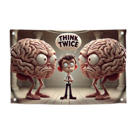 3x5 Feet Polyester Single Sided Flag with 4 Brass Grommets - Design in Beige Tones with the Quote - Think Twice a Man Between Two Big Brains with Evil Faces - Intellectual Motives with Humor in Design