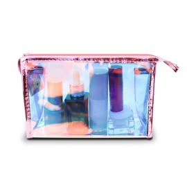 AfitLulu Cosmetic Bag Women's Transparent Laser Travel Cosmetic Bags with Zip, Waterproof Colourful PVC Make Up Organiser for Toiletries and Cosmetic Products, pink, Modern