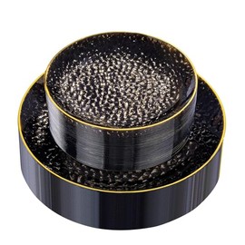 Rubtlamp 60Pcs Black Plastic Plates, Black Disposable Plates With Gold Rim, Clear Heavy-duty Party Plates, Hammered Plastic plates Include 30 Dessert Platos, 30 Dinner Platos for Party