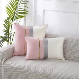 Set of 2 Velvet Throw Pillow Covers Patchwork with Gold Leather Pillow Cases 18 × 18 Inch Cushion Covers Decor Living Room Sofa Bedroom Car Home Decorative (Pink Gold Leather, 12 x 20 inches)