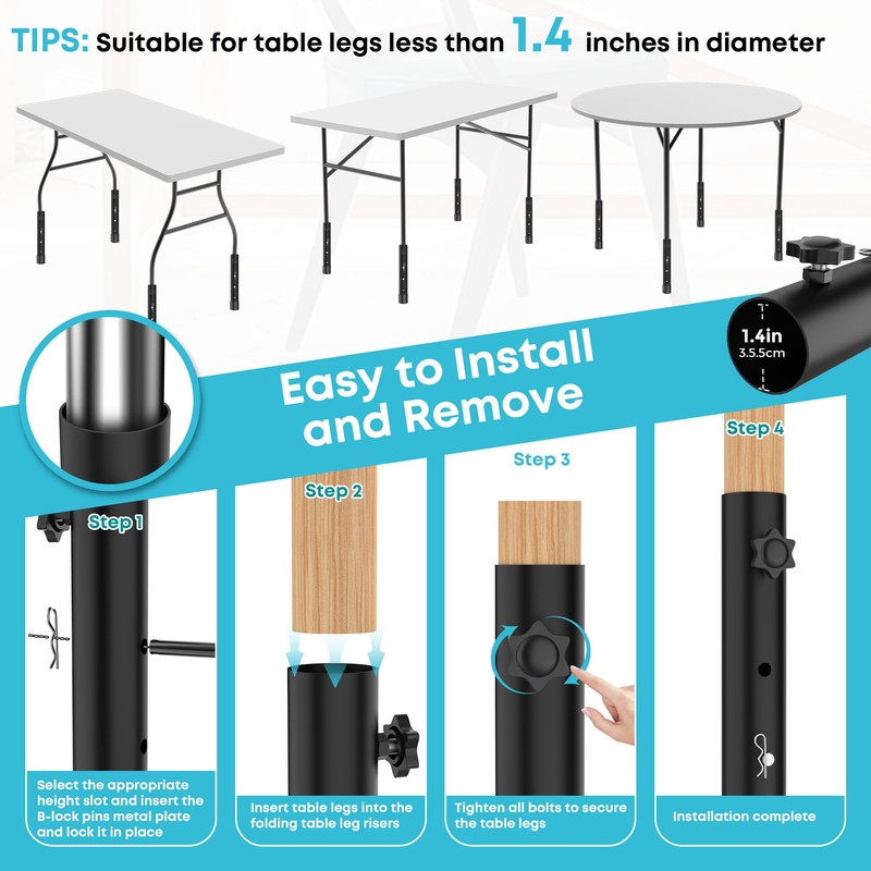 3-LEVEL Adjustable Table Leg Risers, Highly Durable Steel Folding Table