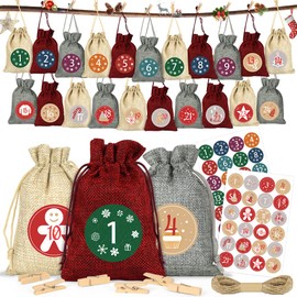 Advent Calendar for Filling, Advent Calendar Fabric Bag, Christmas Gift Bags with 24 Number Stickers for Christmas Crafts DIY Fabric Advent Calendar Jute Bag Craft Set