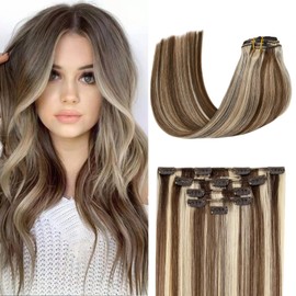Belaved Human Hair Clip in Extensions Brown Mix Blonde Balayage Ombre 22 Inch Real Human Hair Thick Straight Double Weft Blonde Clip on 5PCS 70 Gram