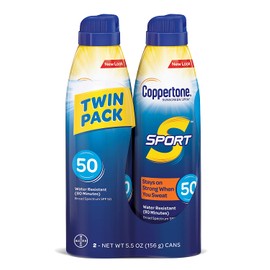 Coppertone Sport Continuous Sunscreen Spray Broad Spectrum SPF 50 (5.5 Ounce Per Bottle, Pack of 2) (Packaging May Vary)