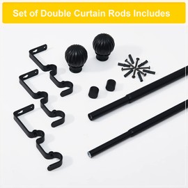 NICETOWN Window Treatment Double Curtain Rod Set 1 inch and 3/4 inch Diameter with Classic Finials, Adjustable Length from 48 to 86-Inch, Matte Black
