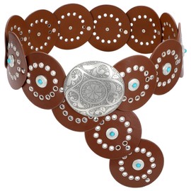 XZQTIVE Western PU Leather Belts for Woman Concho Cowgirl Cowboy Disc Belt for Ladies Wide Boho Country Waist Belts for Dress, Silver buckle, Brown, 125cm
