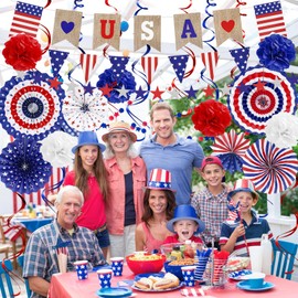4th of July Patriotic Decorations Set Red White Blue Paper Fans USA Banner