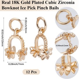 Beebeecraft 1 Box 12Pcs Cubic Zirconia Pinch Bails 18K Gold Plated Brass Bowknot Ice Pick Pinch Clip Clasp with Jump Ring for DIY Jewelry Making Pin: 1mm