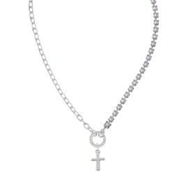 Delight Jewelry Silvertone Simple Plain Small Cross Stronger Braver Smarter Mixed Cable and Imitation Pearl Chain Choker Necklace, 14.75-17"