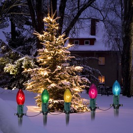 C9 Christmas Lights Outdoor with Stakes, 38 Feet Christmas Lights with 25 Multicolor Incandescent Bulbs and Stakes, Waterproof Shatterproof Pathway Lights Marker for Path, Lane, Patio, Xmas Holiday