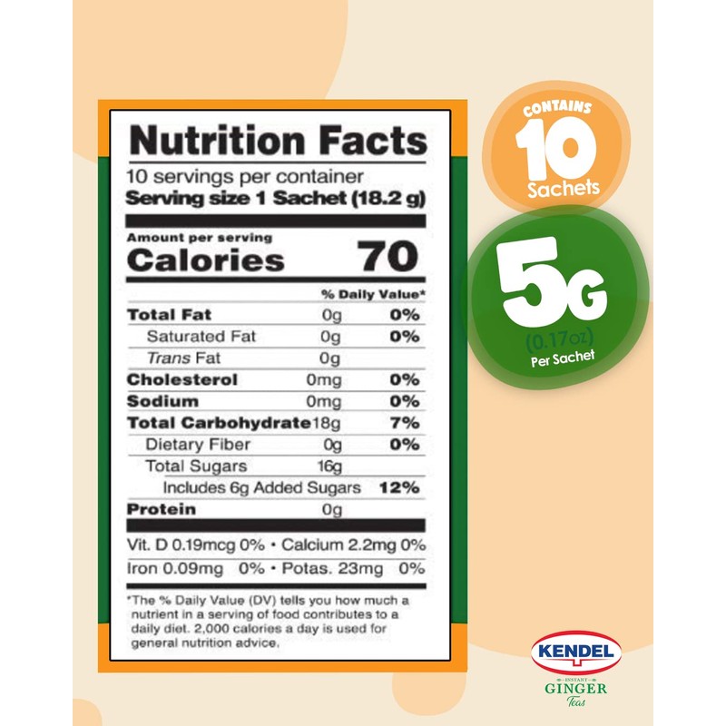 Kendel Instant Ginger Honey Tea, Caffeine Free (10 Sachets). Soothing