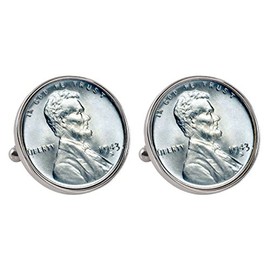 American Coin Treasures 1943 Lincoln Steel Penny Silvertone Bezel Cuff Links