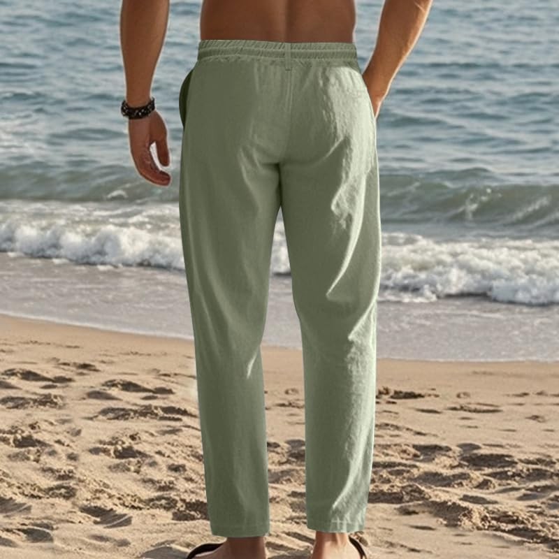 ‌Men's Linen Pants Lightweight Drawstring Elastic Waist Pockets Loose Fit