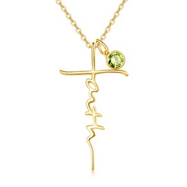 PRAYMOS Faith Necklace Gold Cross Necklaces for Women Sterling Silver Peridot August Birthstone Necklace Religious Christian Gift