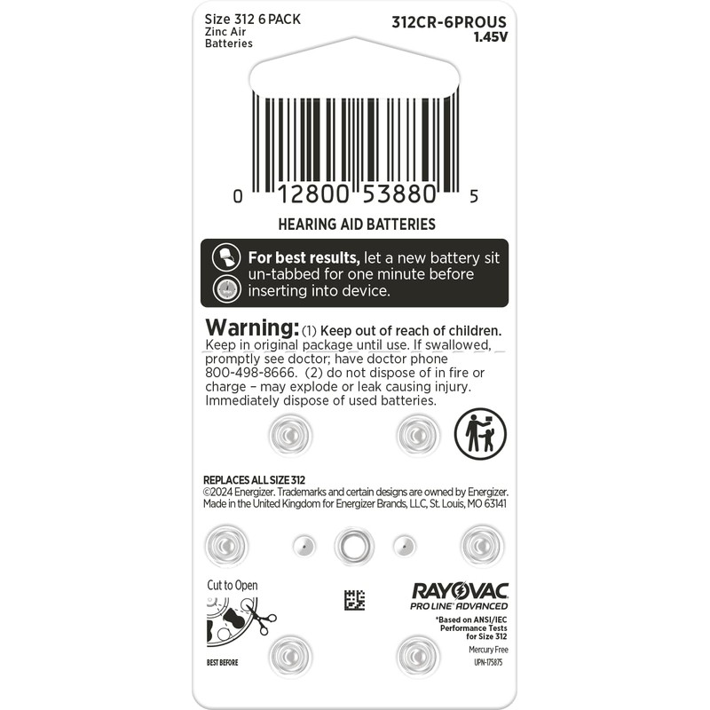 Rayovac Proline Advanced Size 312 Hearing Aid Batteries. Total of