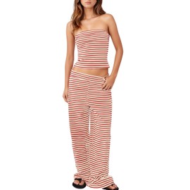 AICHARMWA Women's Striped Two Piece Sets Cropped Tube Top and Wide Leg Pants Lounge Matching set with Pockets(031-Red-S)