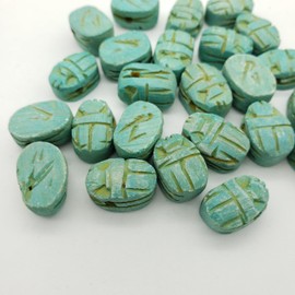 Egyptian Scarab Beads Set of 24 Extra Small - Horizontal Drilled - Green Hand-Carved Soapstone - Ancient Egypt Hieroglyphs - Made in Egypt