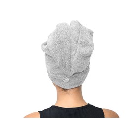 Sapphire Collection Hair Drying Towels, 100% Pure Terry Towel Cotton Soft Hair Towel Wrap Hair Twist Turban Towel Absorbent Hair Cap Head Wrap Spa Towels with Loop & Button for Long Hairs (Silver)