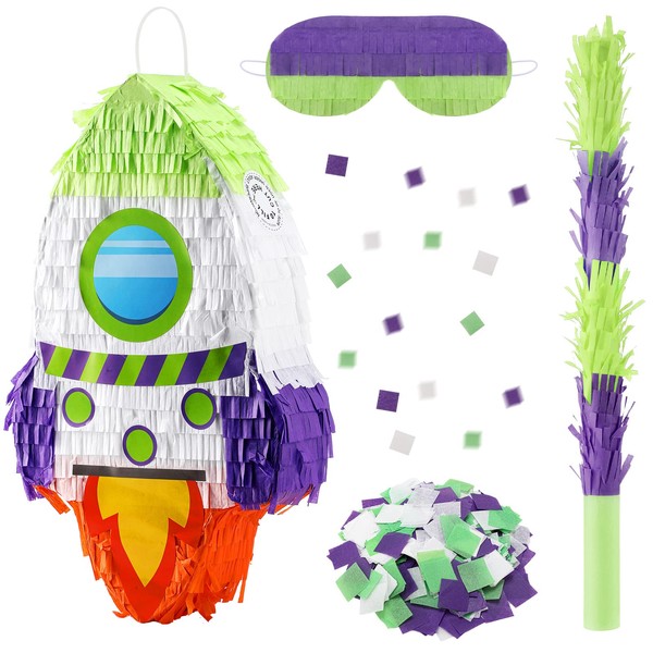 Rocket Ship Pinata with Pinata Stick Blindfold Bat Confetti Spaceship