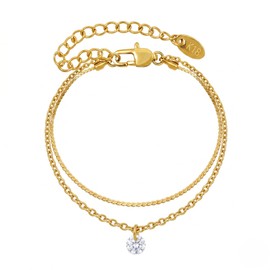 AURILYS Layered Anklet for Women, 18K Gold Plated Stainless Steel Dainty Double Chain Ankle Bracelet, Minimalist CZ Foot Jewelry Gift