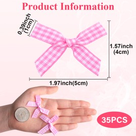 Mxxipp 35pcs Mini Plaid Bows for Gift Wrapping, Small Satin Ribbon Bow for Crafts, Tiny Bowknot Supplies for Christmas Wedding Birthday Party Decoration Flowers Cookies Wrapping- Pink