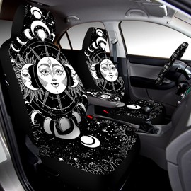 Riakrum 15 Pcs Moon Stars and Sun Seat Covers Full Set Thick Car Front and Back Seat Covers Steering Wheel Cover Seatbelt Strap Cover Armrest Pads Cup Mat Wrist Strap Key Chains for Auto Truck