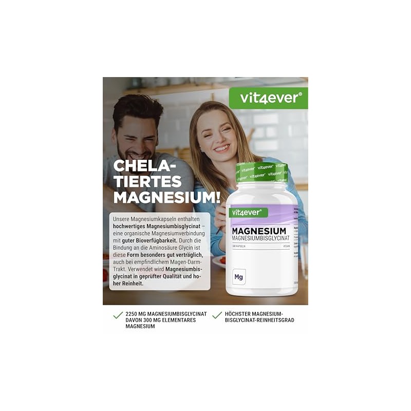 vit4ever Magnesium Bisglycinate - 240 Capsules - 300mg Magnesium -