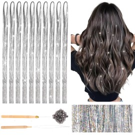Deepton 2000 Hair Tinsel, 120 cm Glitter Hair Strands with Tool, Hair Tinsel Set, Girls & Children Hair Tinsel, Glitter Strands for Hair for Women Children Cosplay Party Accessories, Silver
