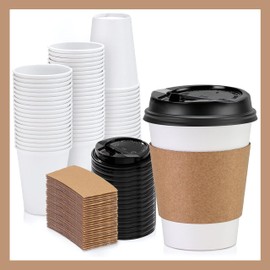 Pokanic Paper White Cups [12 oz] with Lids and Sleeves x [50 Set] Disposable Hot Cold Coffee Water Beverage Drinking for School Office Home Kitchen Cafe Restaurant (50 Pack, 12 oz)